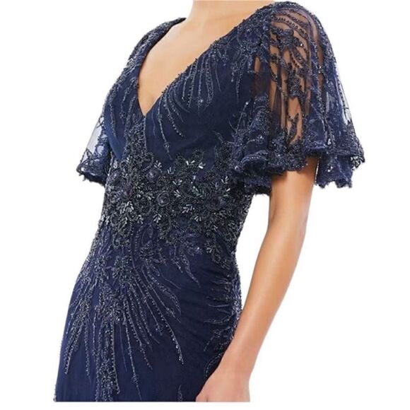 Mac Duggal 67493 Navy Blue Lace Beaded Sheer Flutter Sleeve Gown| Size 10 - Picture 4 of 14